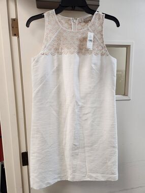 LOFT Cream Sleeveless Midi Dress with Scallop Lace Yoke